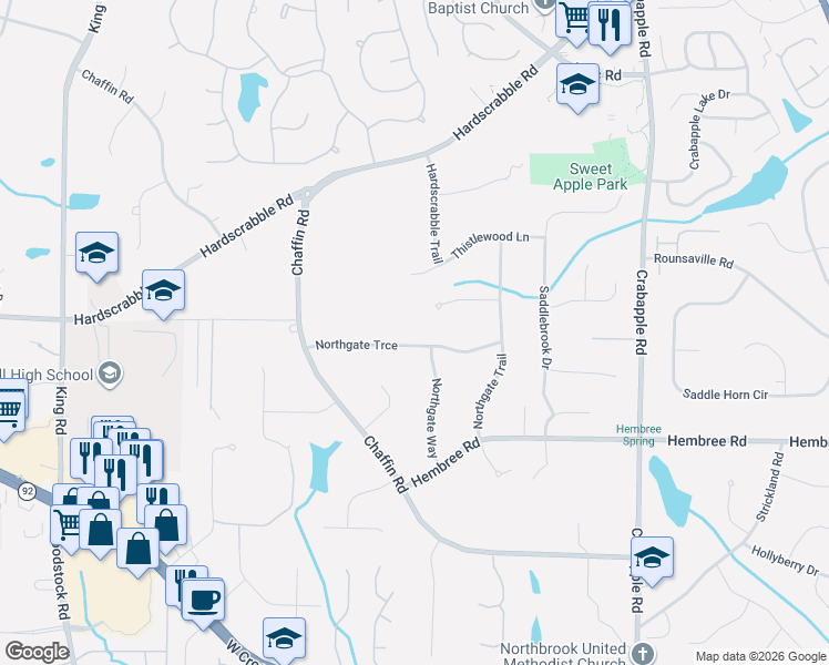 map of restaurants, bars, coffee shops, grocery stores, and more near 150 Beechwood Trail in Roswell