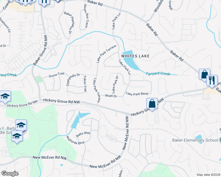 map of restaurants, bars, coffee shops, grocery stores, and more near 4614 Noah Overlook West in Acworth