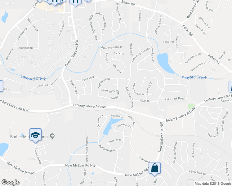 map of restaurants, bars, coffee shops, grocery stores, and more near 3151 Peartree Drive in Acworth