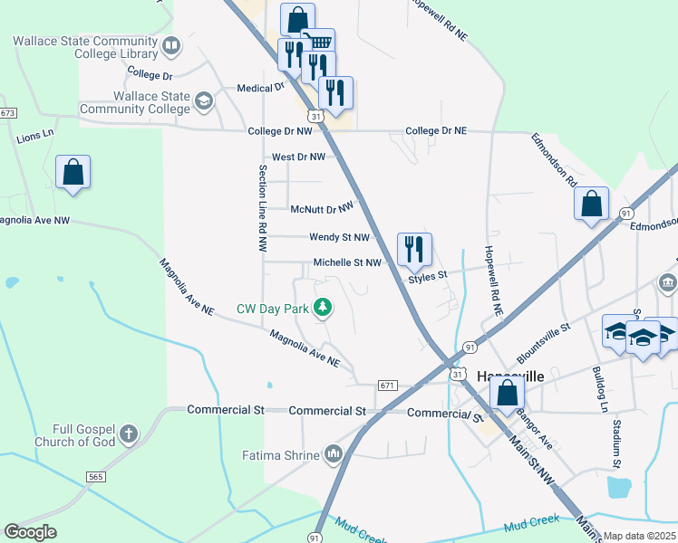 map of restaurants, bars, coffee shops, grocery stores, and more near 105 Michelle Street Northwest in Hanceville