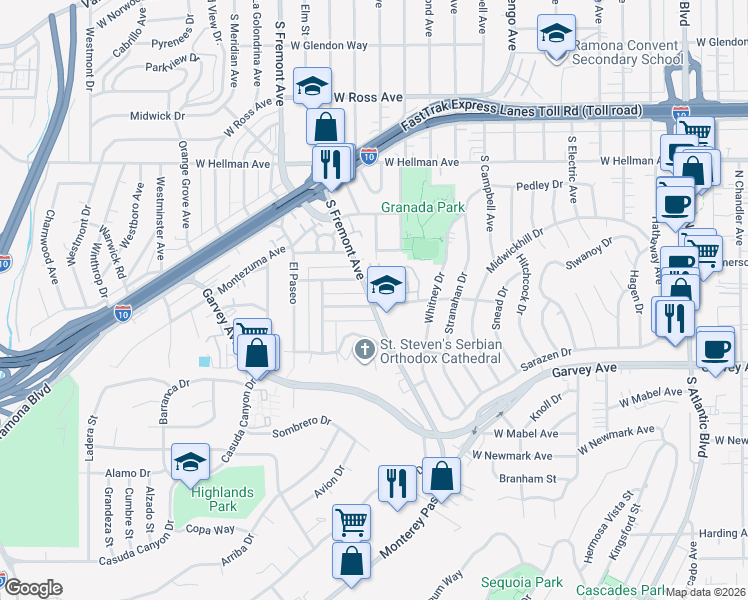 map of restaurants, bars, coffee shops, grocery stores, and more near 2428 South Fremont Avenue in Alhambra