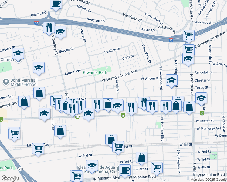 map of restaurants, bars, coffee shops, grocery stores, and more near 759 Lewis Street in Pomona