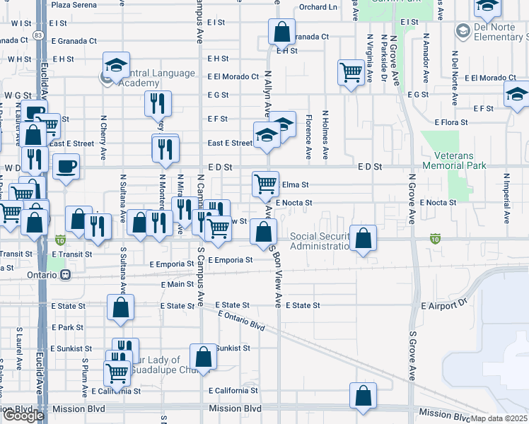 map of restaurants, bars, coffee shops, grocery stores, and more near 225 North Allyn Avenue in Ontario