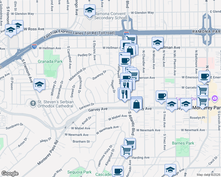 map of restaurants, bars, coffee shops, grocery stores, and more near 2404 Wetherhead Drive in Alhambra