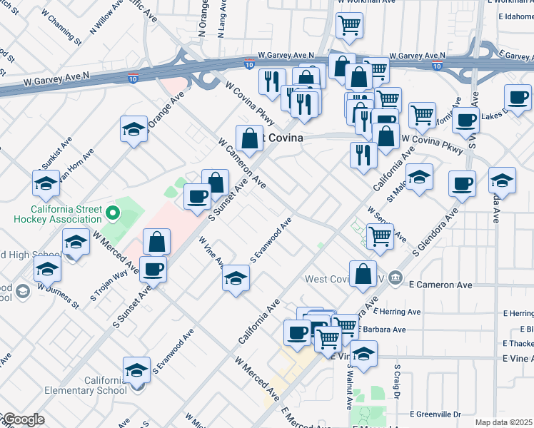 map of restaurants, bars, coffee shops, grocery stores, and more near 1219 West Crumley Street in West Covina