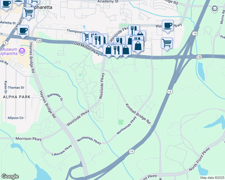 map of restaurants, bars, coffee shops, grocery stores, and more near 2620 Kentwood Lane in Alpharetta