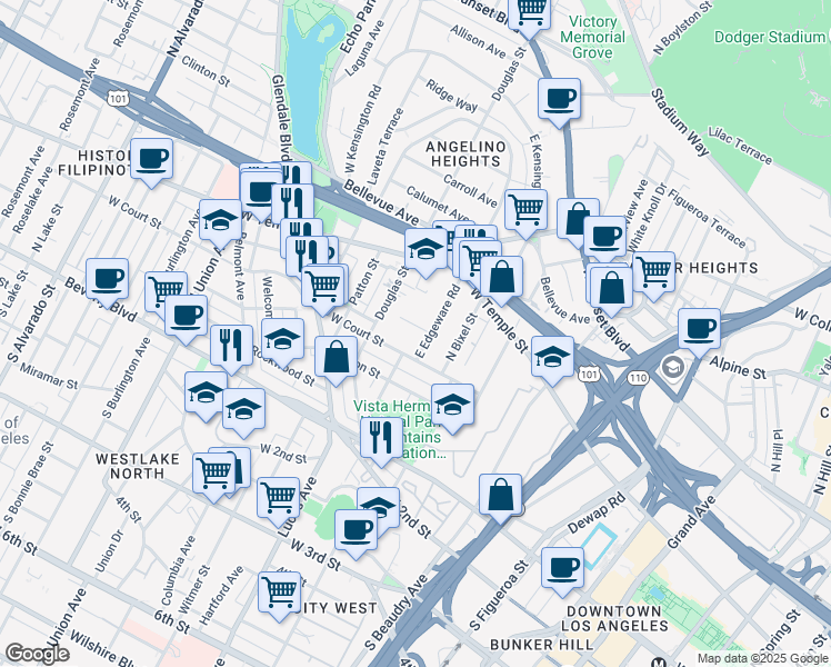 map of restaurants, bars, coffee shops, grocery stores, and more near 1336 West Angelina Street in Los Angeles