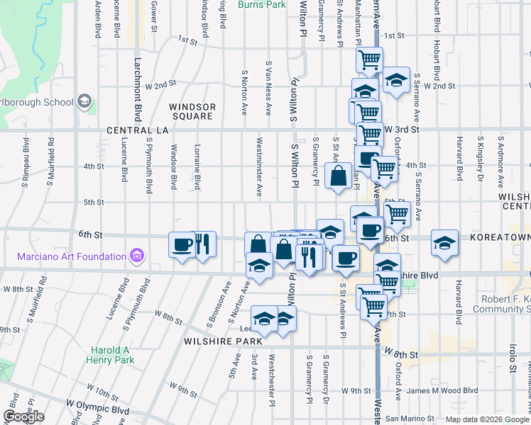 map of restaurants, bars, coffee shops, grocery stores, and more near 508 South Van Ness Avenue in Los Angeles