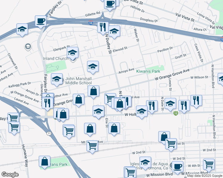 map of restaurants, bars, coffee shops, grocery stores, and more near 1531 West Orange Grove Avenue in Pomona