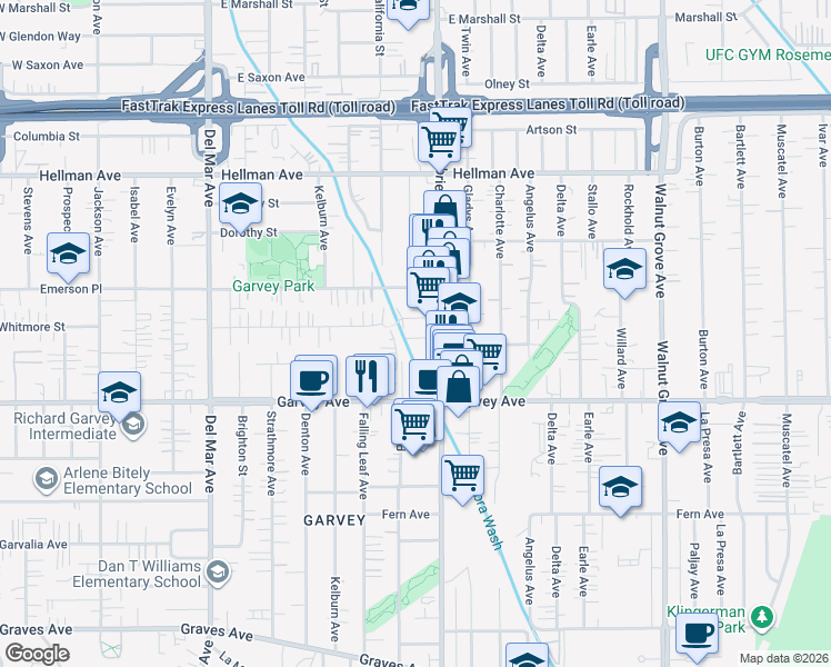 map of restaurants, bars, coffee shops, grocery stores, and more near 3107 North San Gabriel Boulevard in Rosemead