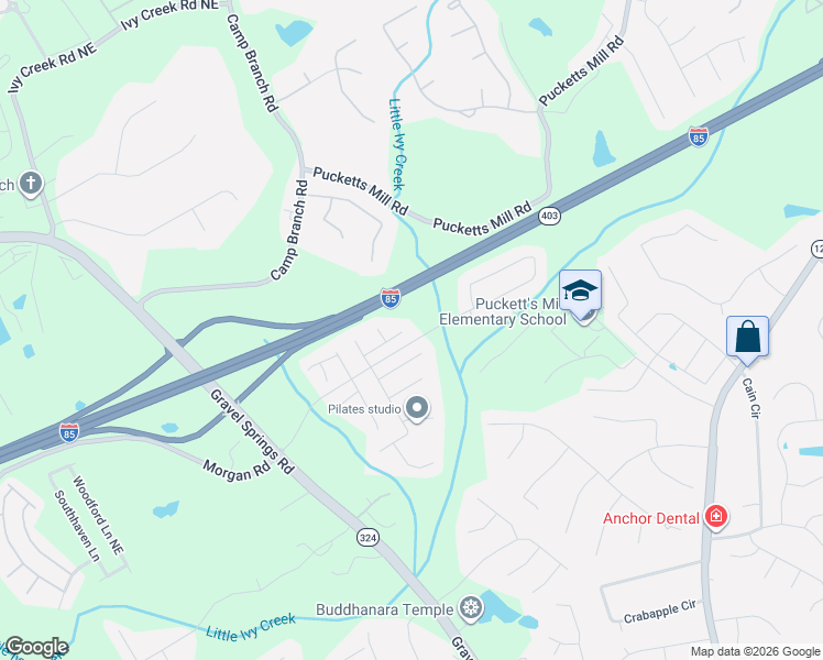 map of restaurants, bars, coffee shops, grocery stores, and more near 2761 Morgan Glen Road Northeast in Buford