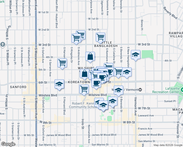 map of restaurants, bars, coffee shops, grocery stores, and more near 510 South Mariposa Avenue in Los Angeles