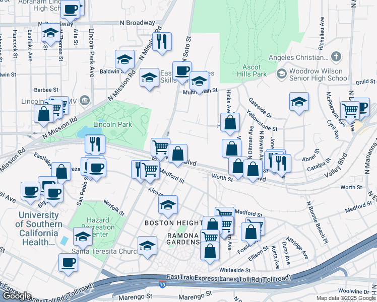 map of restaurants, bars, coffee shops, grocery stores, and more near 4121 East Valley Boulevard in Los Angeles