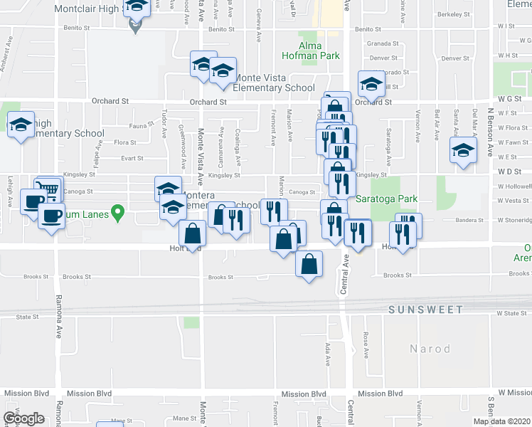 map of restaurants, bars, coffee shops, grocery stores, and more near 5091 Bandera Street in Montclair
