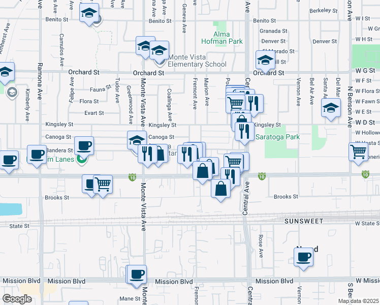 map of restaurants, bars, coffee shops, grocery stores, and more near 5091 Bandera Street in Montclair