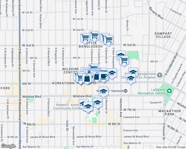 map of restaurants, bars, coffee shops, grocery stores, and more near 516 S Kenmore Ave in Los Angeles