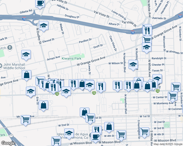 map of restaurants, bars, coffee shops, grocery stores, and more near 744 Lewis Street in Pomona