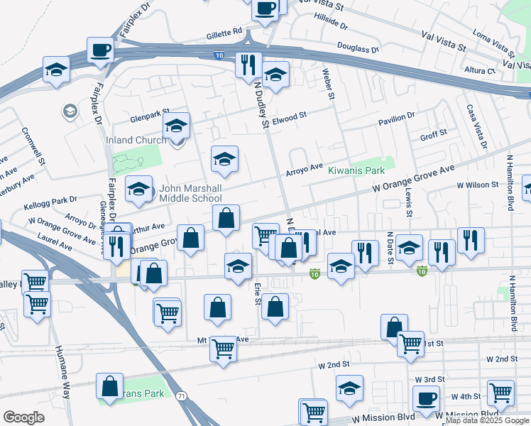 map of restaurants, bars, coffee shops, grocery stores, and more near in Pomona