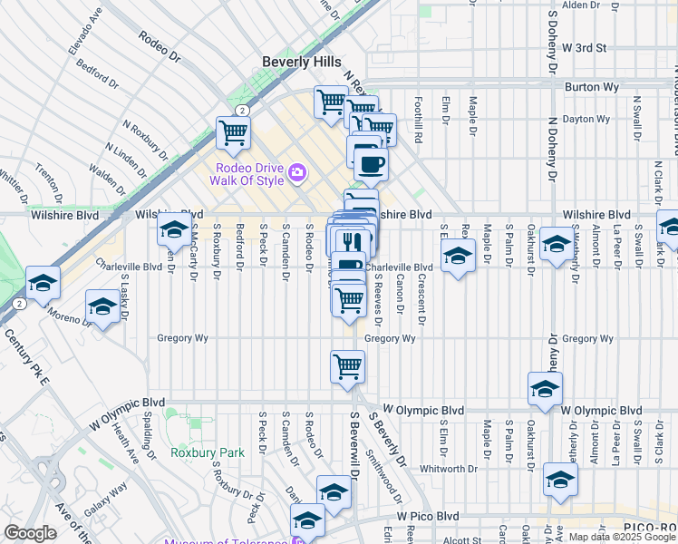 map of restaurants, bars, coffee shops, grocery stores, and more near 9464 Charleville Boulevard in Beverly Hills