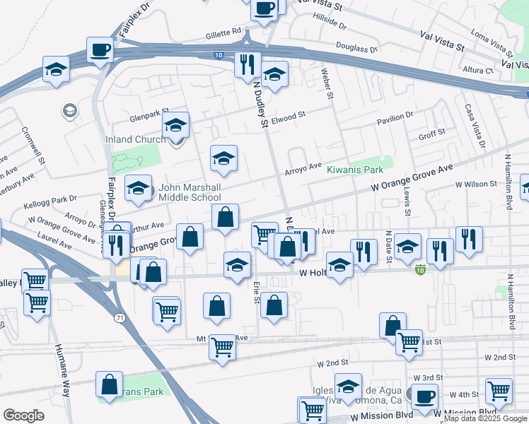 map of restaurants, bars, coffee shops, grocery stores, and more near in Pomona