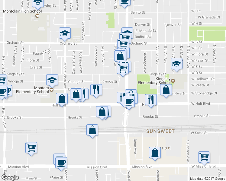 map of restaurants, bars, coffee shops, grocery stores, and more near 5215 Bandera Street in Montclair