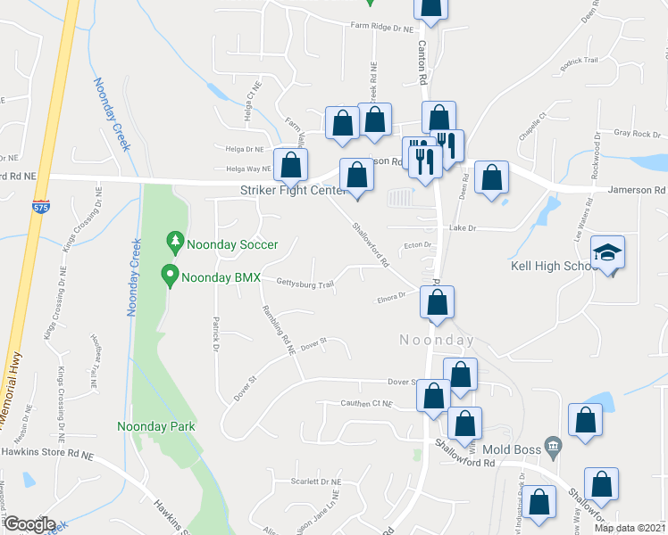 map of restaurants, bars, coffee shops, grocery stores, and more near 845 Gettysburg Trail in Kennesaw