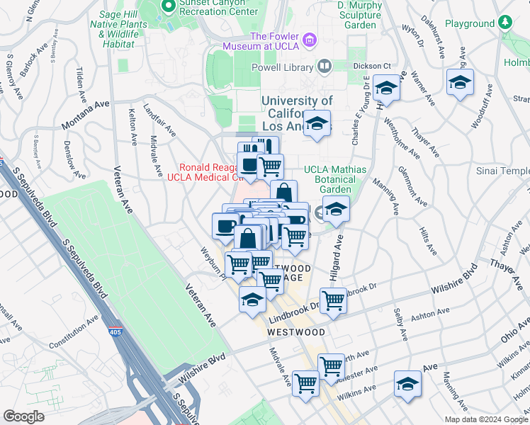 map of restaurants, bars, coffee shops, grocery stores, and more near 220 Medical Plaza Driveway in Los Angeles