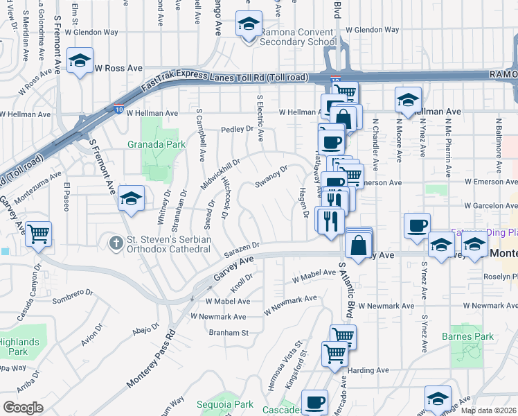 map of restaurants, bars, coffee shops, grocery stores, and more near 2400 Siwanoy Drive in Alhambra