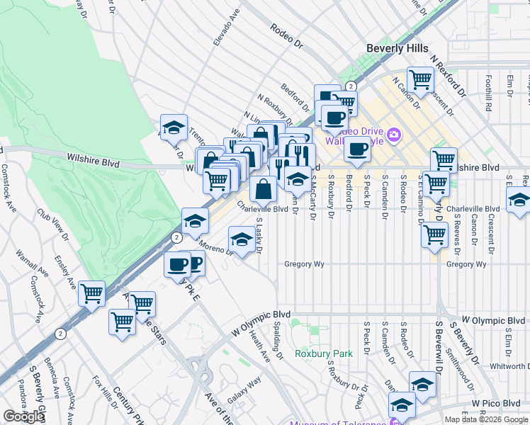 map of restaurants, bars, coffee shops, grocery stores, and more near 9836 Charleville Boulevard in Beverly Hills