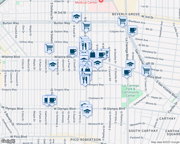 map of restaurants, bars, coffee shops, grocery stores, and more near 8742 Charleville Boulevard in Beverly Hills