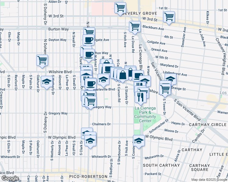 map of restaurants, bars, coffee shops, grocery stores, and more near 200 South Willaman Drive in Beverly Hills