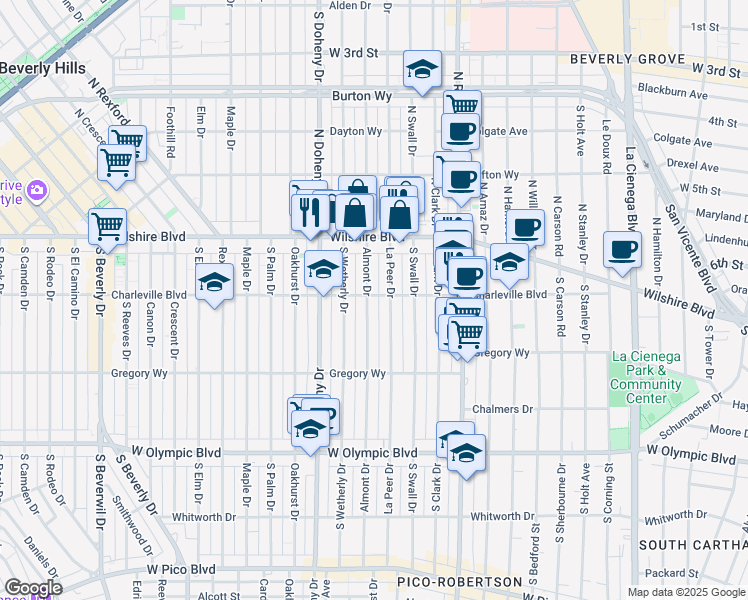 map of restaurants, bars, coffee shops, grocery stores, and more near 200 South Almont Drive in Beverly Hills
