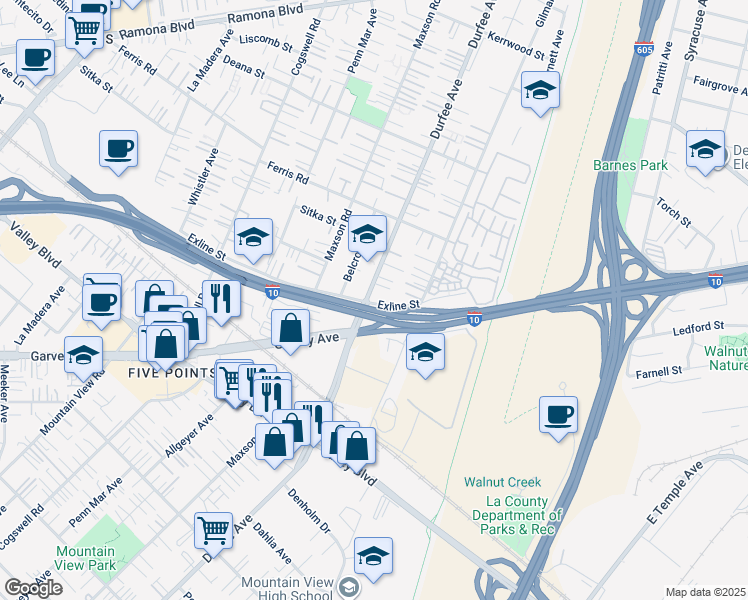 map of restaurants, bars, coffee shops, grocery stores, and more near 12305 Exline Street in El Monte