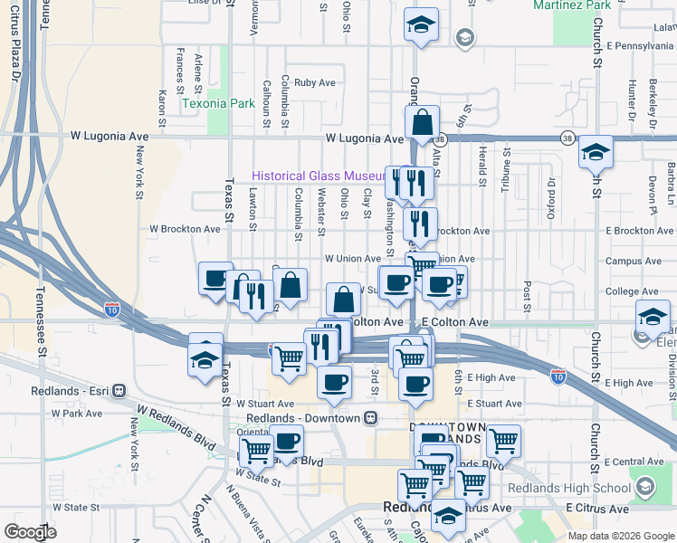 map of restaurants, bars, coffee shops, grocery stores, and more near 931 Ohio Street in Redlands