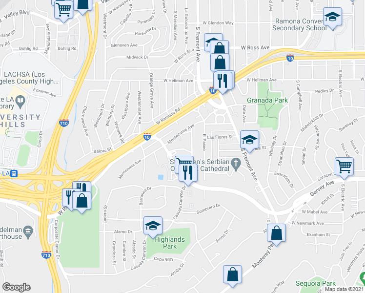 map of restaurants, bars, coffee shops, grocery stores, and more near 2711 Carlos Street in Alhambra