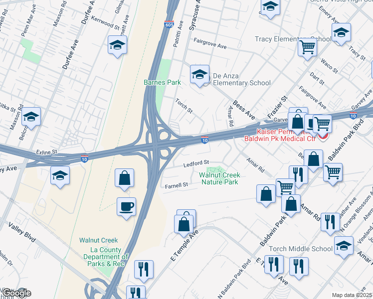 map of restaurants, bars, coffee shops, grocery stores, and more near 12758 Dalewood Street in Baldwin Park