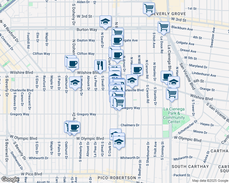 map of restaurants, bars, coffee shops, grocery stores, and more near 1566 South Clark Drive in Beverly Hills