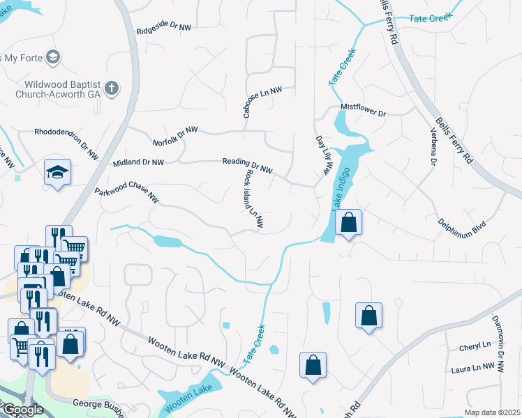 map of restaurants, bars, coffee shops, grocery stores, and more near 4701 Cromwell Court Northwest in Acworth