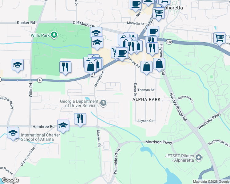 map of restaurants, bars, coffee shops, grocery stores, and more near 1305 Kilmington Court in Alpharetta