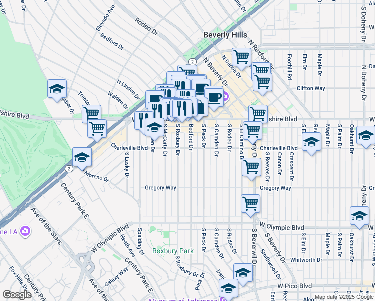 map of restaurants, bars, coffee shops, grocery stores, and more near 162 South Roxbury Drive in Beverly Hills