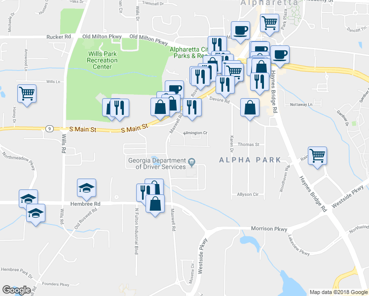 map of restaurants, bars, coffee shops, grocery stores, and more near 1135 Kilmington Court in Alpharetta