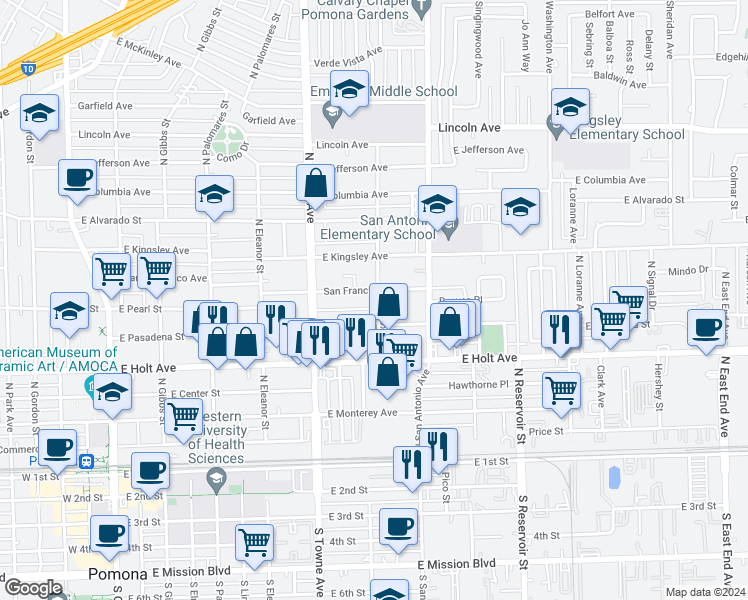 map of restaurants, bars, coffee shops, grocery stores, and more near 651 North Caswell Avenue in Pomona