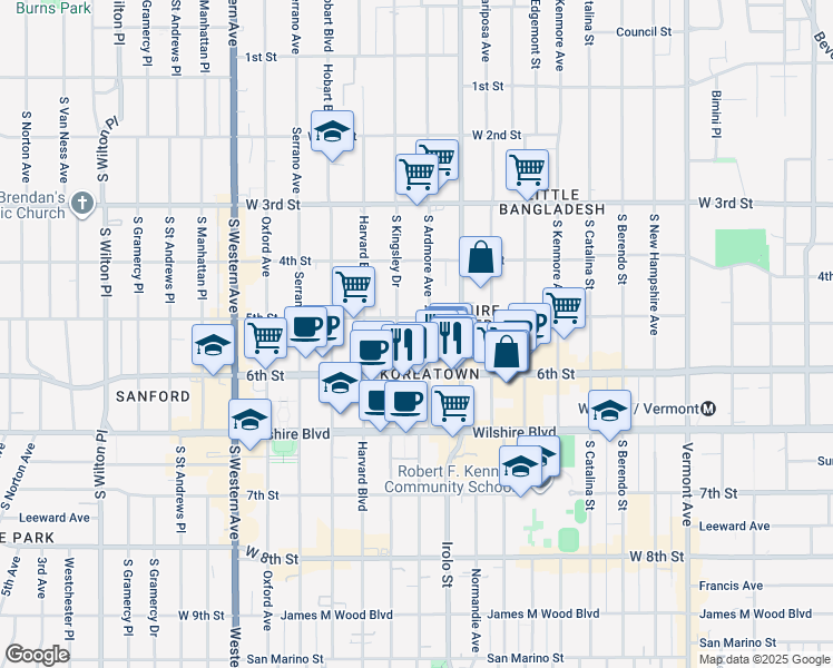 map of restaurants, bars, coffee shops, grocery stores, and more near 525 South Ardmore Avenue in Los Angeles