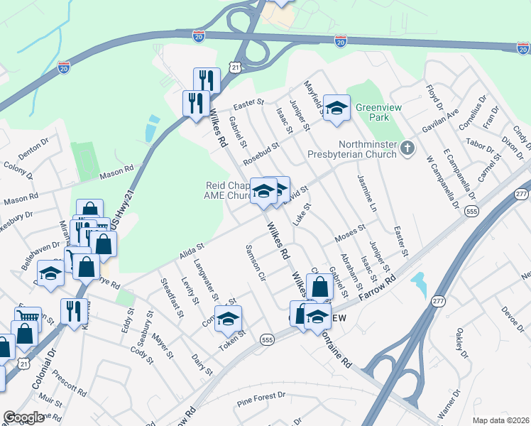 map of restaurants, bars, coffee shops, grocery stores, and more near 701 Wilkes Road in Columbia