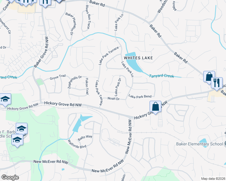 map of restaurants, bars, coffee shops, grocery stores, and more near 4614 Noah Overlook West in Acworth