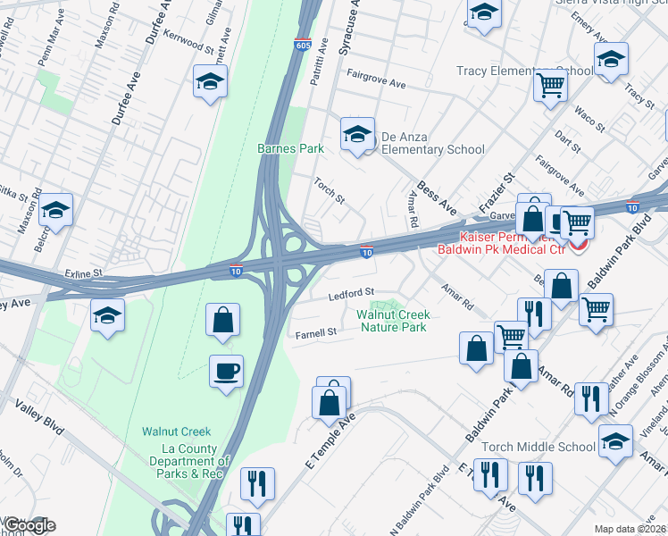 map of restaurants, bars, coffee shops, grocery stores, and more near 12758 Dalewood Street in Baldwin Park