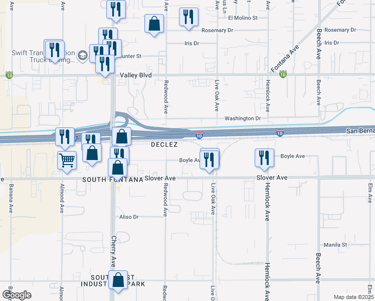 map of restaurants, bars, coffee shops, grocery stores, and more near 14770 Boyle Avenue in Fontana