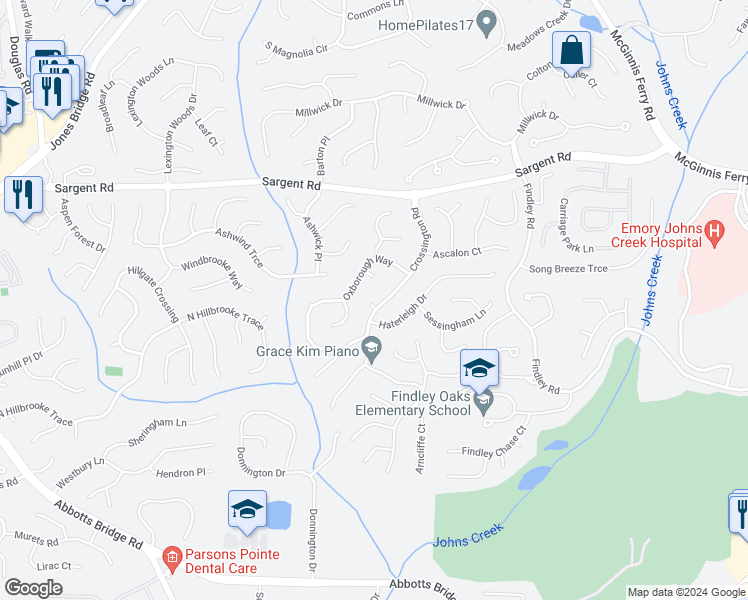 map of restaurants, bars, coffee shops, grocery stores, and more near 11410 Crossington Road in Alpharetta