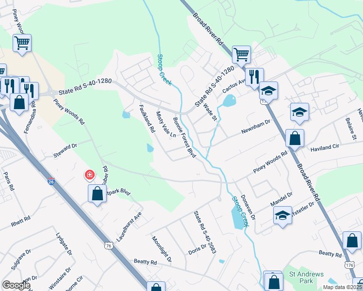 map of restaurants, bars, coffee shops, grocery stores, and more near 4604 State Road S-40-2177 in Columbia