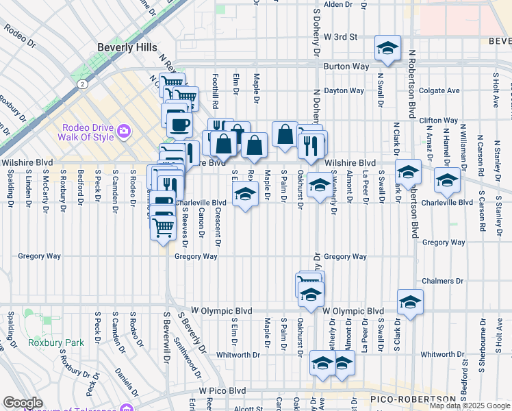 map of restaurants, bars, coffee shops, grocery stores, and more near 9246 Charleville Boulevard in Beverly Hills
